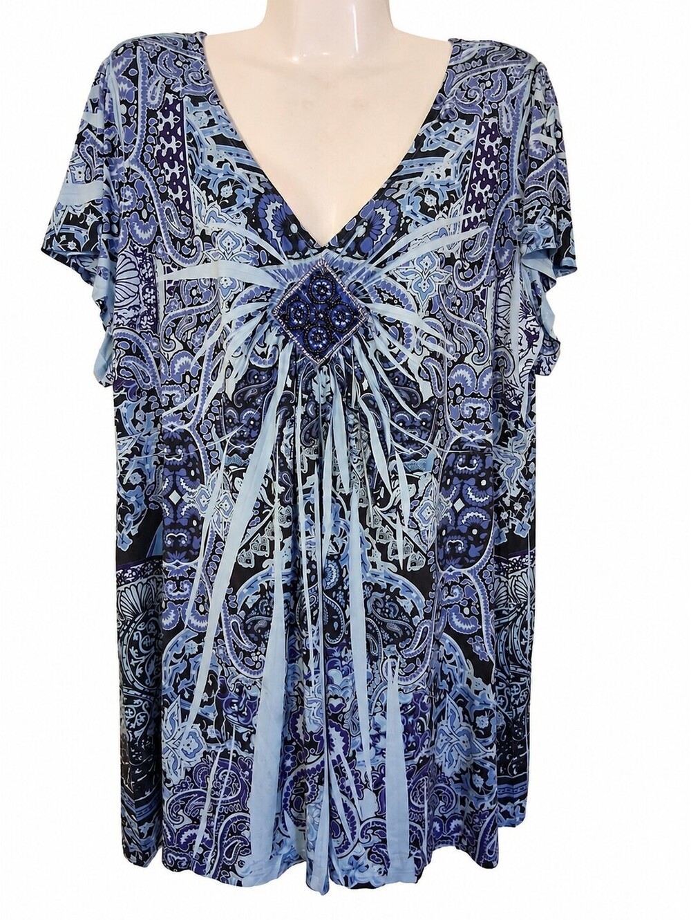Apt. 9 Blue Purple Paisley Embellished V-Neck Boho Flowy Chic Top, 3X